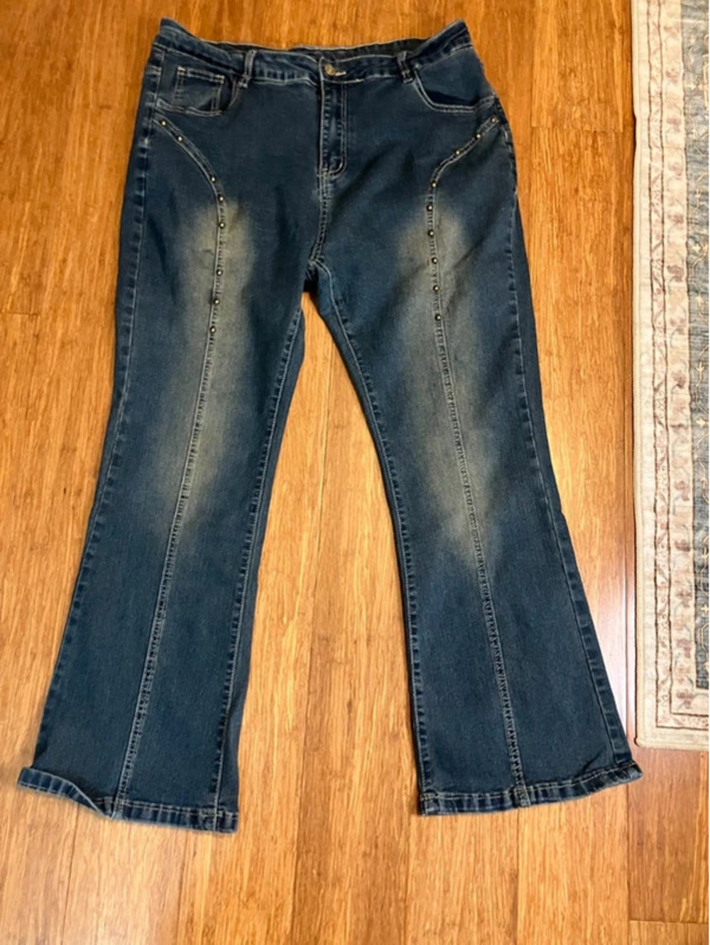 Y2K Studded Bootcut Jeans Womens 2XL Curved Seam Faded Whiskered Wash Stretch